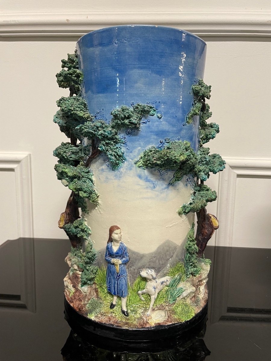 Pair Of Slip Vases Decor Of Characters And Forest In Relief-photo-4